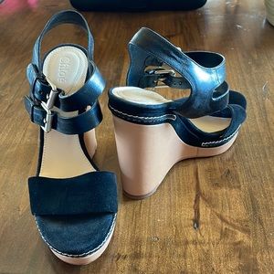 Chloe Black Suede Wedge Platform Sandal 6.5